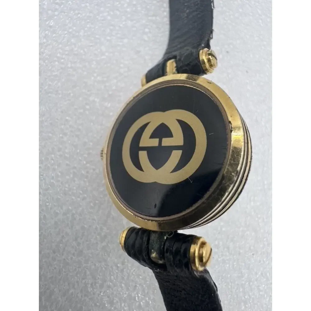 Vintage Gucci Ladies Swiss Quartz Watch Black Roman Dial Gold Plated Lizard
